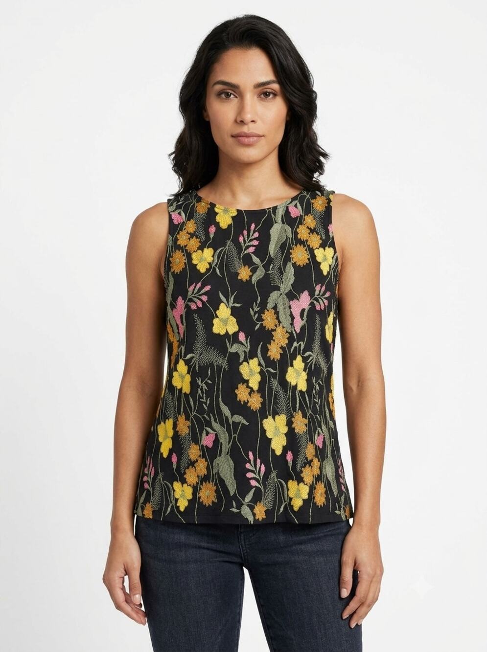 Meadow Rue By Anthropologie Tank Top Women's L Black Floral Embroidered Stretch